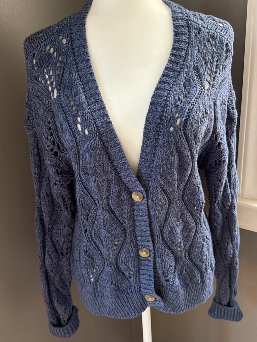 Lucky Brand Navy Open-Knit Button Front Cardigan